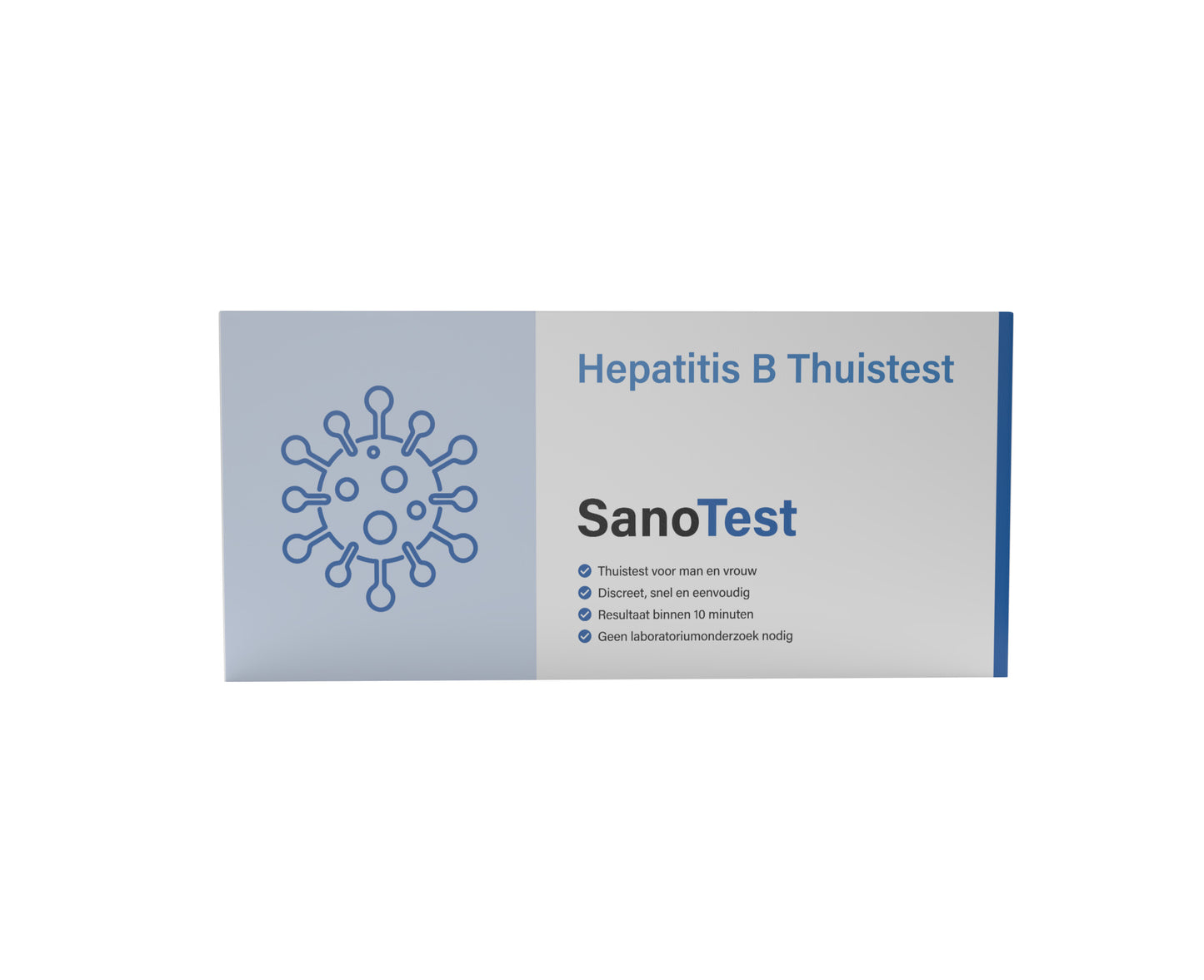 Hoofdfoto van de verpakking van de Sanotest Hepatitis B test. De verpakking heeft een strak, professioneel ontwerp met een blauw kleurenschema en duidelijke tekst. Het bevat informatie over de test, inclusief de snelle resultaten binnen 10 minuten en de 98% nauwkeurigheid