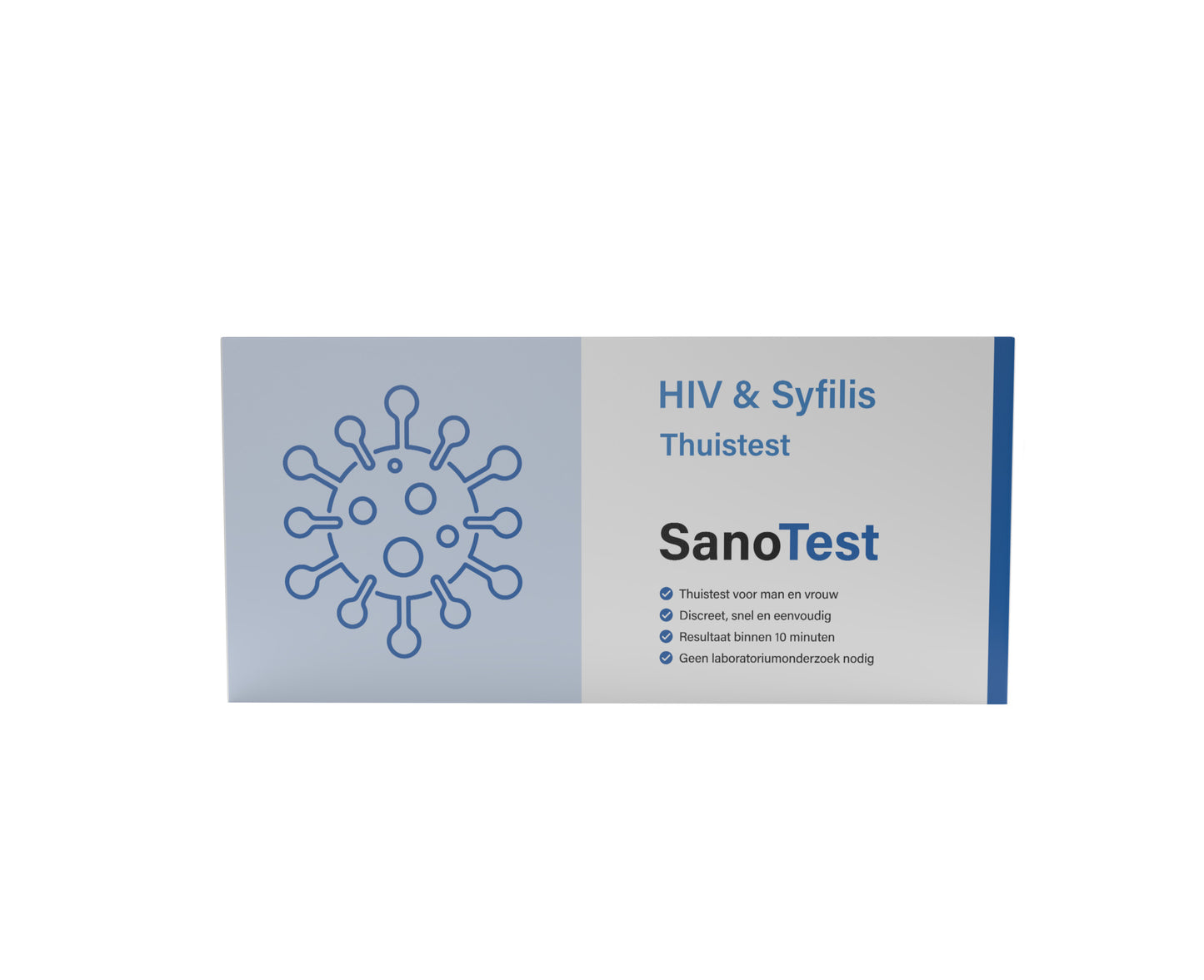 Hoofdfoto van de verpakking van de Sanotest HIV & Syfilis test. De verpakking heeft een strak, professioneel ontwerp met een blauw kleurenschema en duidelijke tekst. Het bevat informatie over de test, inclusief de snelle resultaten binnen 10 minuten en de 98% nauwkeurigheid