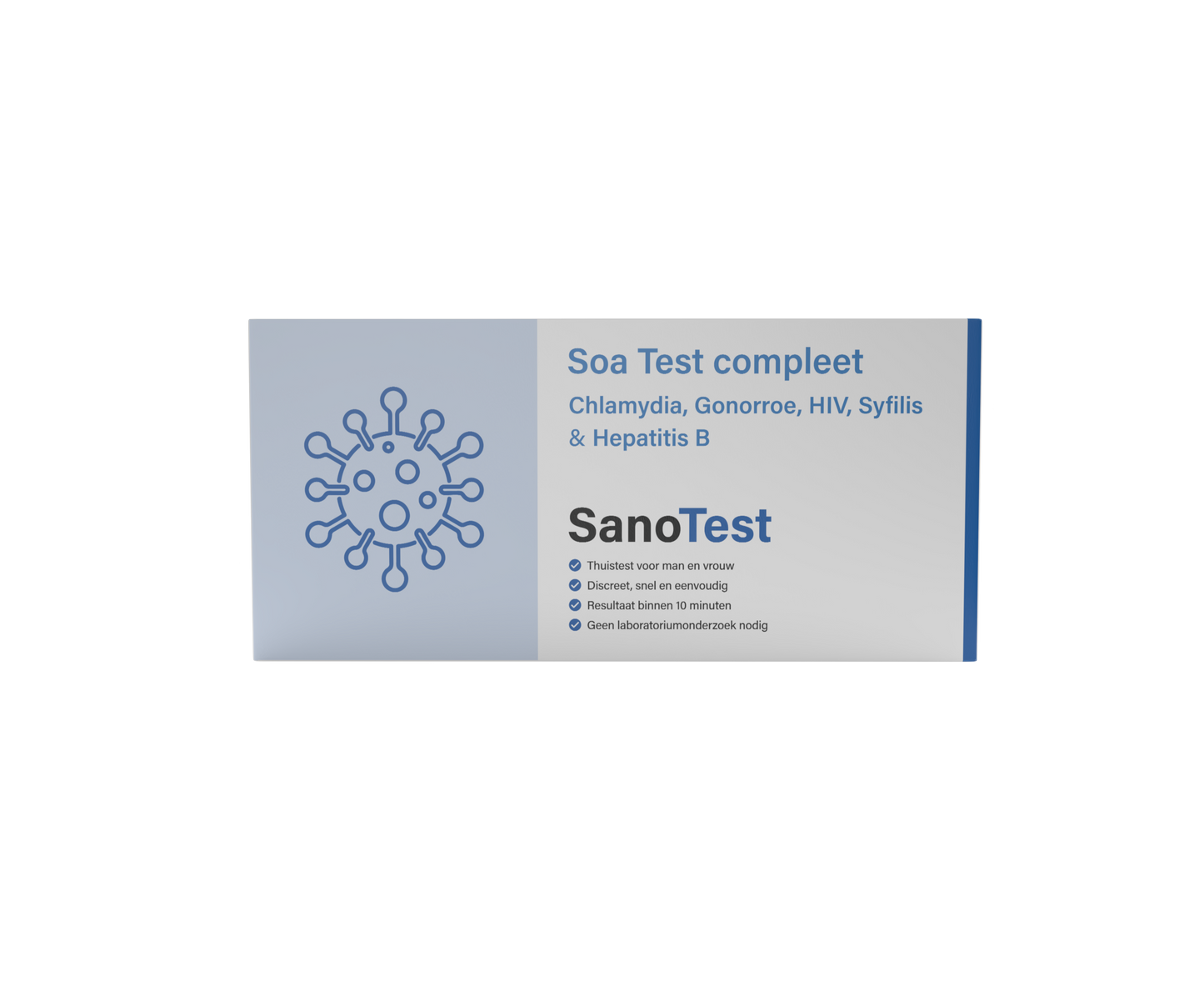 Afbeelding van de Sanotest SOA-test verpakking, die geschikt is voor zowel mannen als vrouwen. De verpakking bevat duidelijke informatie over de test, waaronder de mogelijkheid om meerdere SOA's te testen, snelle resultaten binnen 10 minuten, en de betrouwbaarheid van de test. Het ontwerp heeft een professioneel uiterlijk met een blauw kleurenschema.